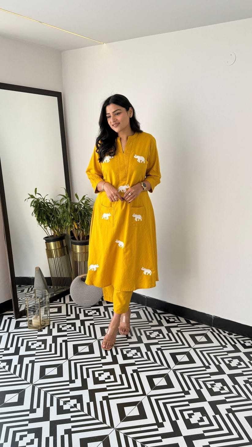 Handmade Cotton Kurta Set with Blue Elephant Embroidery – Casual & Office Wear for Women (BLACKLUXE CRAFTS) - BLACKLUXECRAFTS