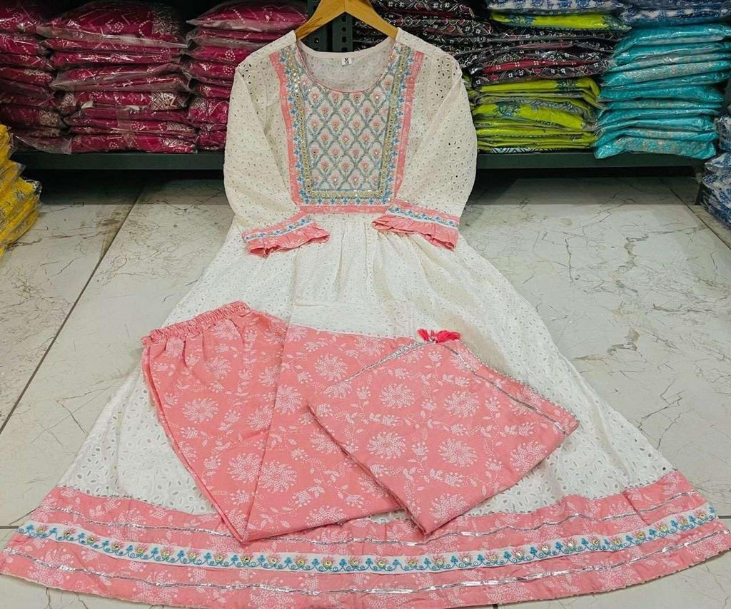 Women's Cotton Embroidered Nayra Cut Kurti With Pant and Dupatta Set from (BLACKLUXE CRAFTS) - BLACKLUXECRAFTS