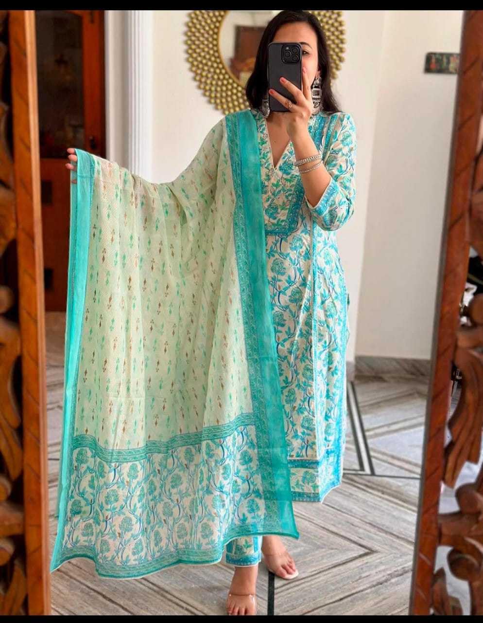 Teal Blue Printed Cotton Kurta Set with Dupatta – Indian Ethnic Suit for Women, Festive & Party Wear Outfit (BLACKLUXE CRAFTS) - BLACKLUXECRAFTS