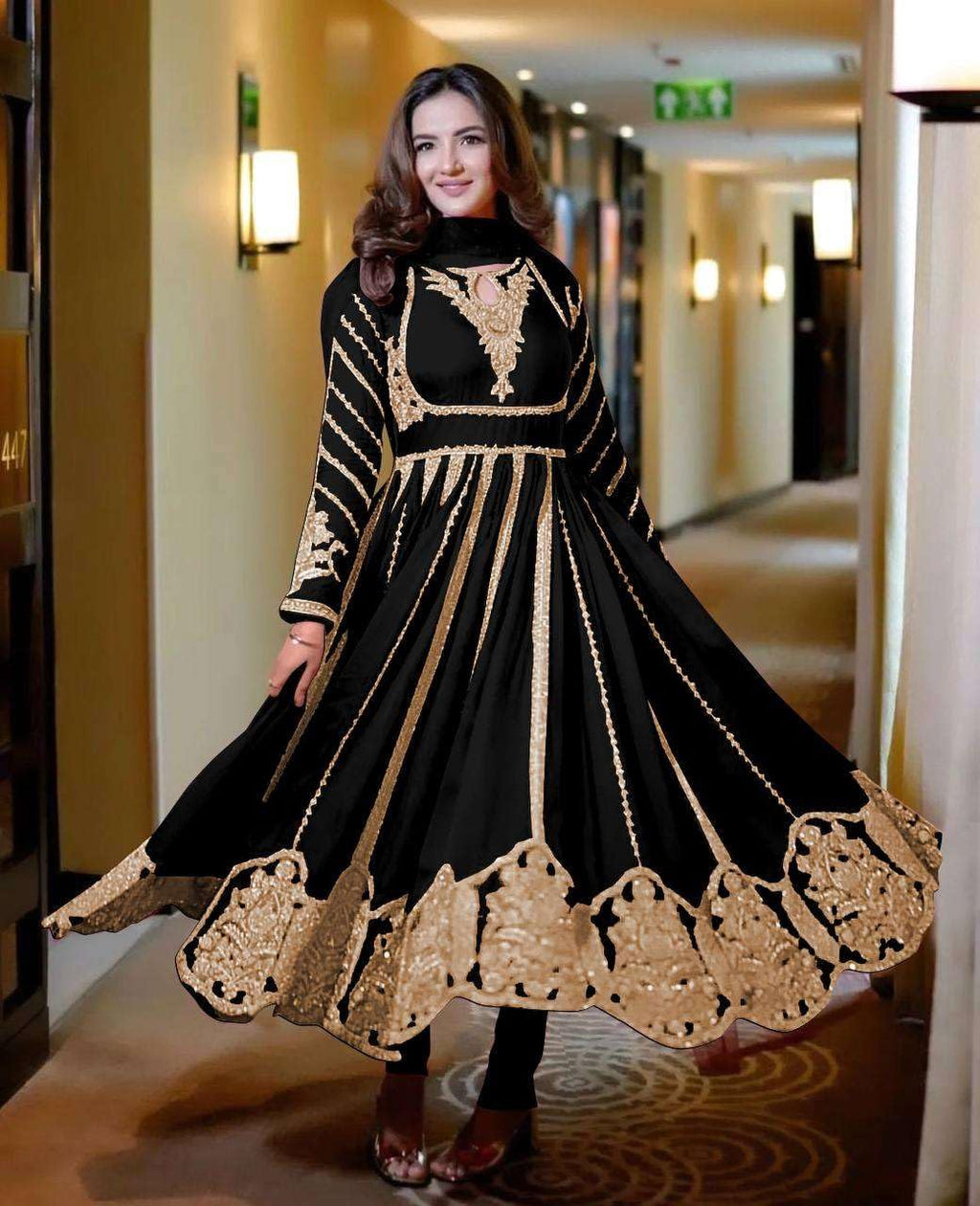 Women's Faux Georgette Embroidered Sequence Work Anarkali Kurti Gown with Net Dupatta (BLACKLUXE CRAFTS) - BLACKLUXECRAFTS