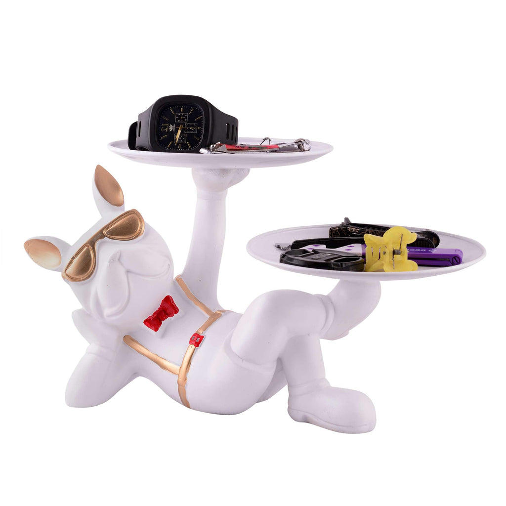 White Bulldog Butler Statue with Double Tray – Modern Resin Dog Figurine Organizer for Keys, Watches & Home Décor (BLACKLUXE CRAFTS) - BLACKLUXECRAFTS