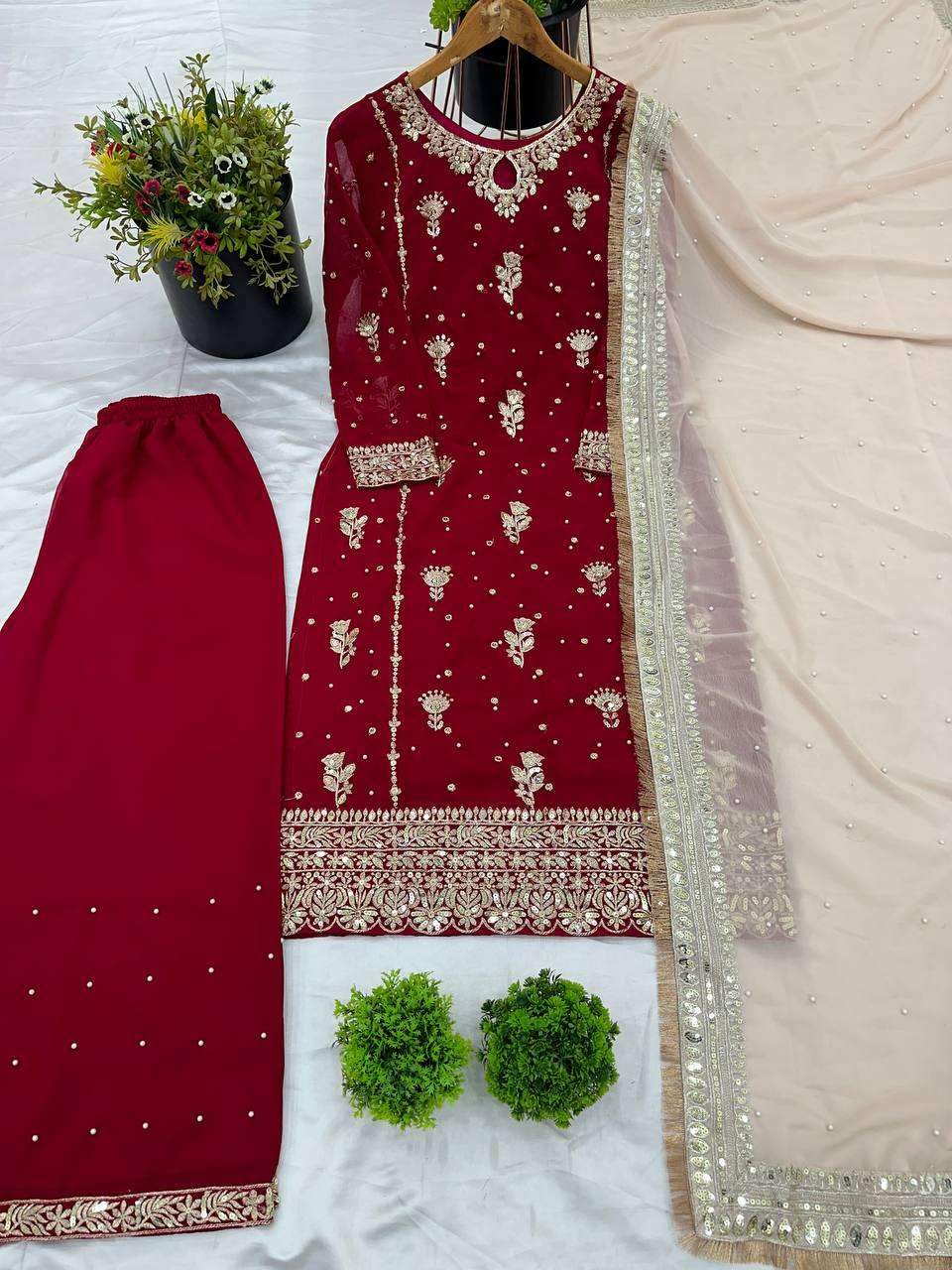 Women's Faux Georgette Embroidered Straight Kurti With Pant & Dupatta Set (BLACKLUXE CRAFTS) - BLACKLUXECRAFTS
