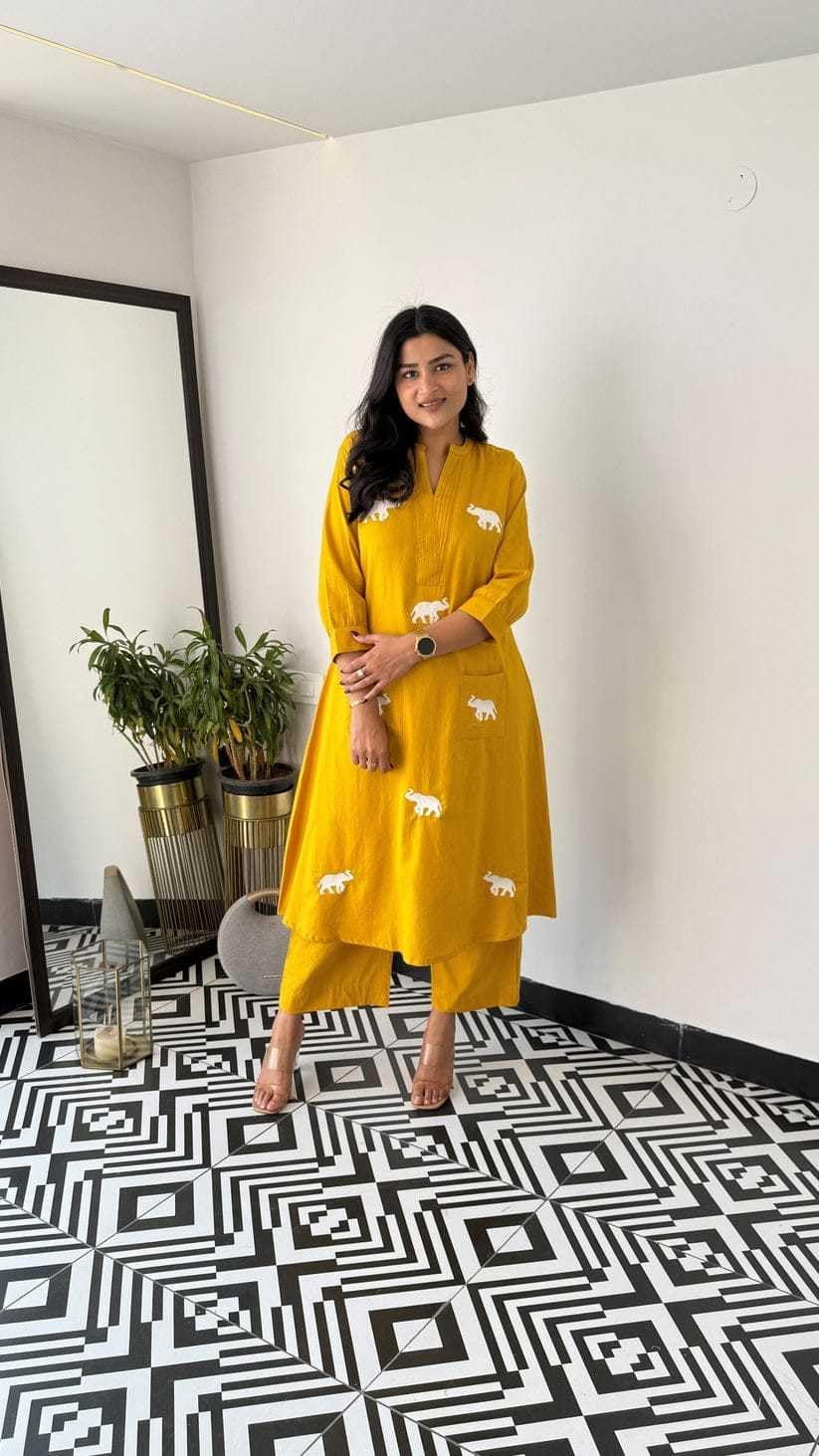 Handmade Cotton Kurta Set with Blue Elephant Embroidery – Casual & Office Wear for Women (BLACKLUXE CRAFTS) - BLACKLUXECRAFTS