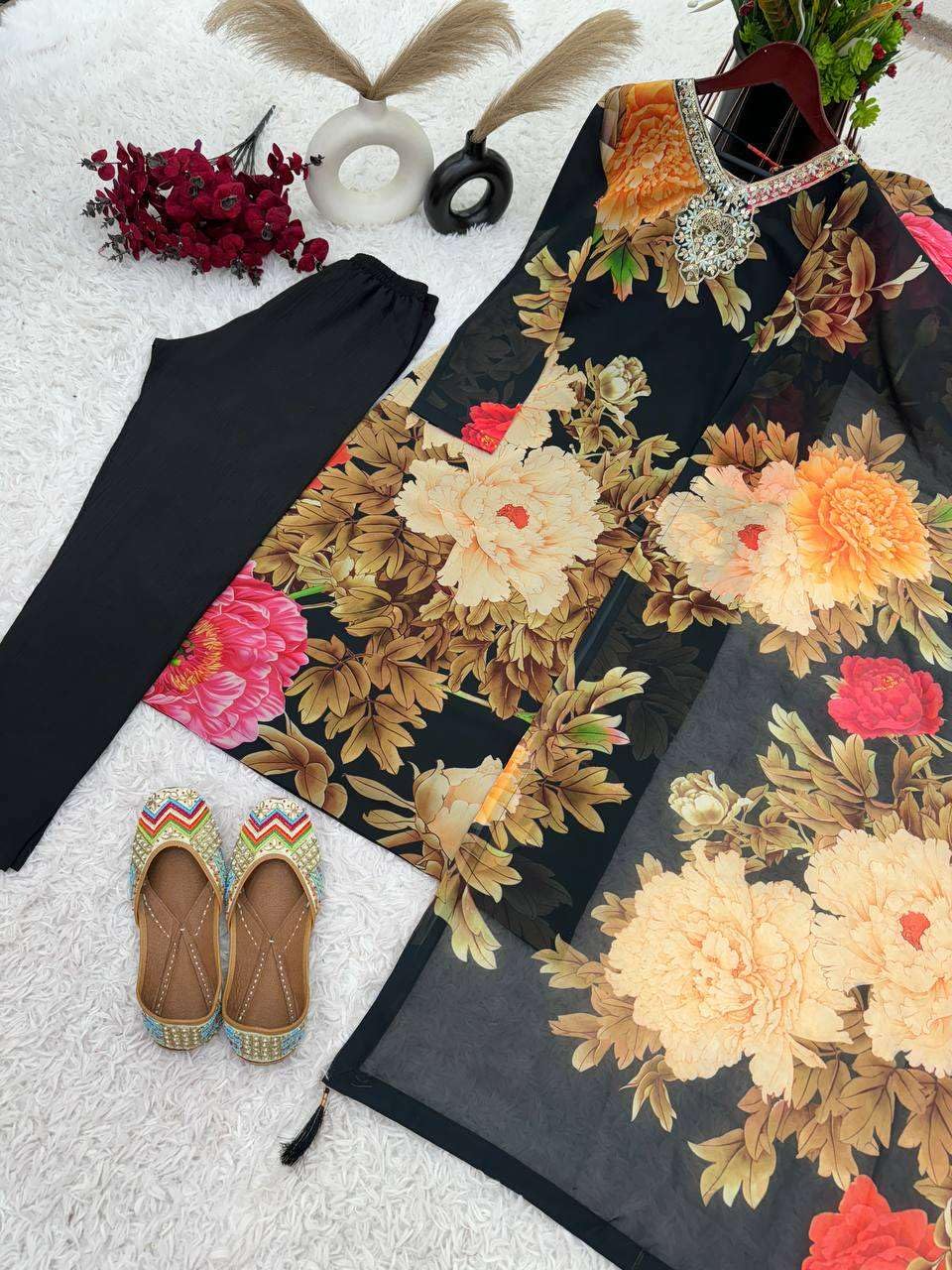 Black Floral Printed Suit Set with Dupatta – Elegant Indian Ethnic Wear for Parties & Festive Occasions (BLACKLUXE CRAFTS) - BLACKLUXECRAFTS