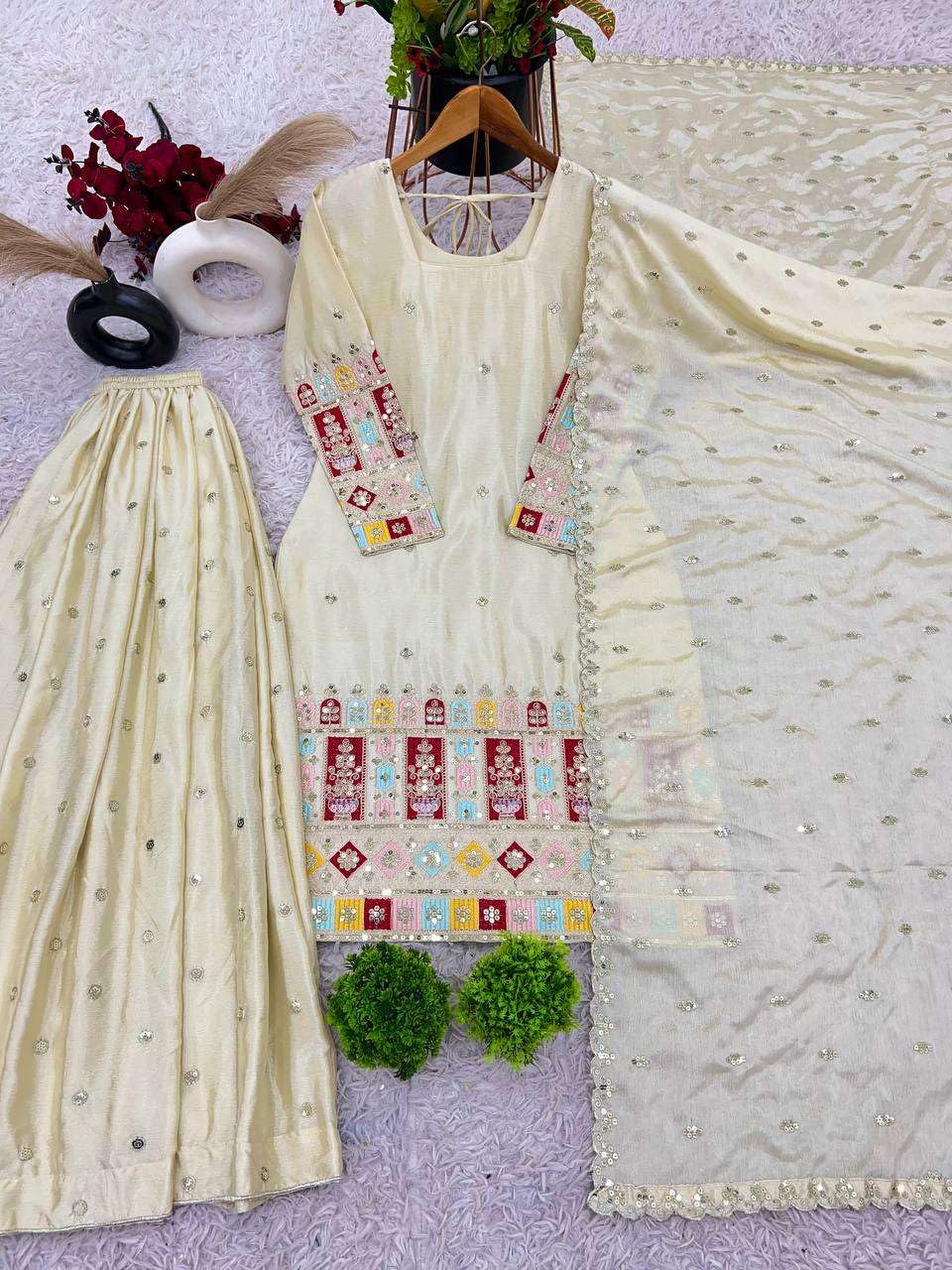 Women's Chinon Silk Embroidered Kurti With Sharara & Dupatta Set with Lace Border (BLACKLUXE CRAFTS) - BLACKLUXECRAFTS