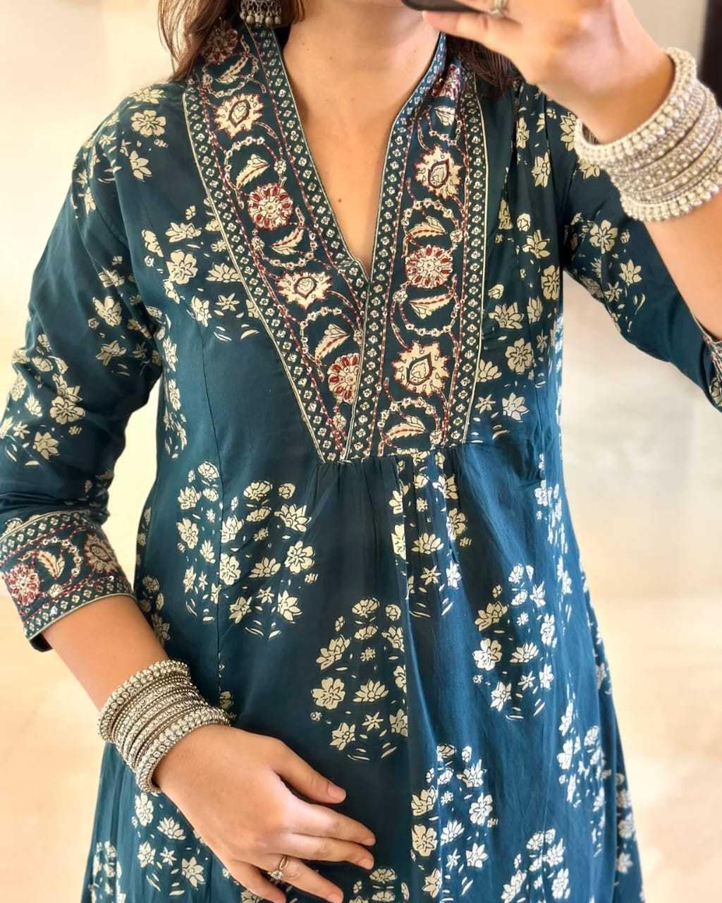 Teal Blue Printed Cotton Kurta Set with Dupatta – Indian Ethnic Suit for Women, Festive & Party Wear Outfit (BLACKLUXE CRAFTS) - BLACKLUXECRAFTS