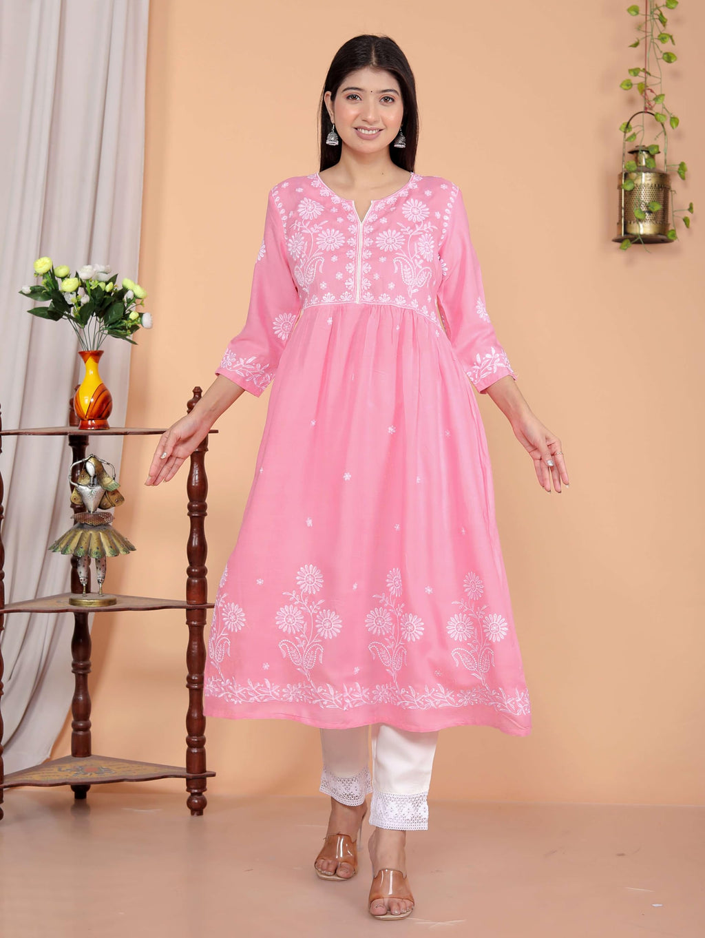 Women's Rayon Embroidered vcut Collar Anarkali Kurti with Pant (Pink) (BLACKLUXE CRAFTS) - BLACKLUXECRAFTS