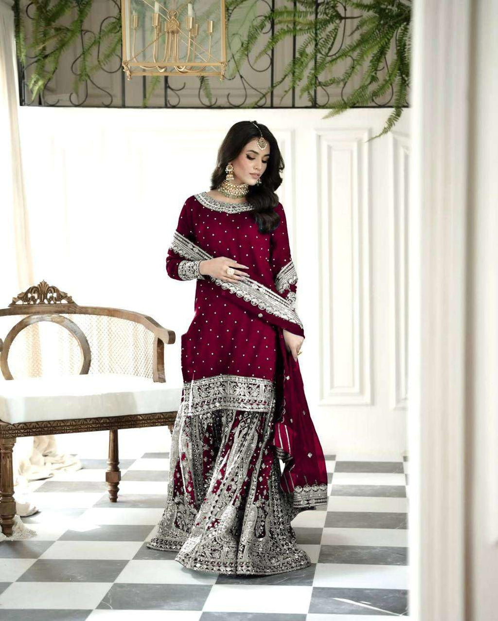 Maroon Sharara Suit with Heavy Silver Embroidery & Dupatta | Bridal & Wedding Wear (BLACKLUXE CRAFTS) - BLACKLUXECRAFTS