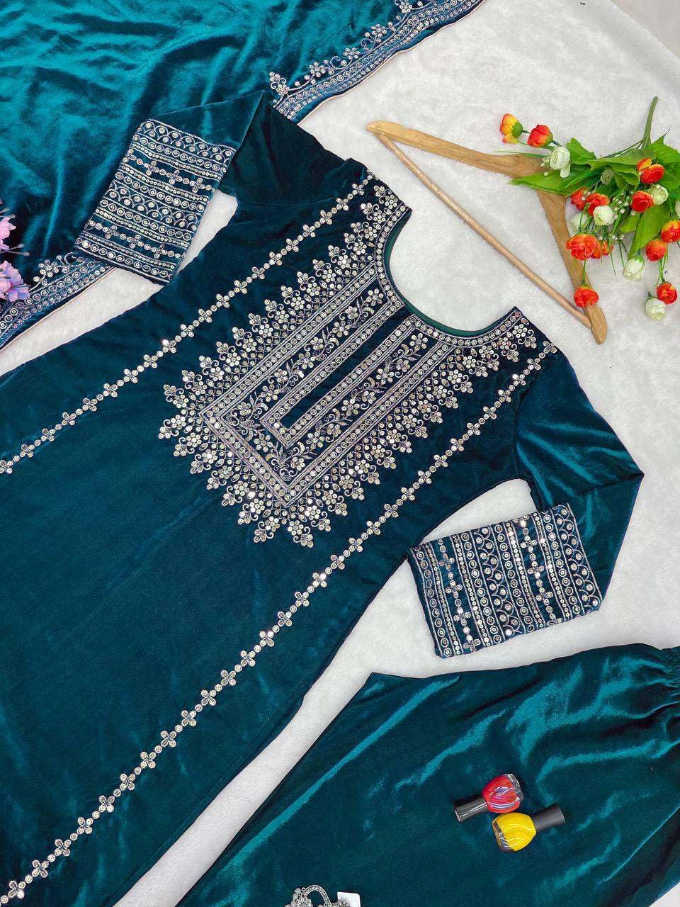 Women's Viscose Velvet Embroidery and Sequence Work Straight Kurti with Pant & Dupatta Set (Teal Blue-L)(BLACKLUXE CRAFTS) - BLACKLUXECRAFTS