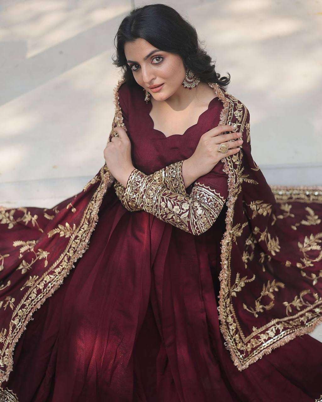 Maroon Anarkali Gown with Heavy Golden Embroidery & Dupatta | Designer Indian Pakistani Wedding Dress for Women (BLACKLUXE CRAFTS) - BLACKLUXECRAFTS