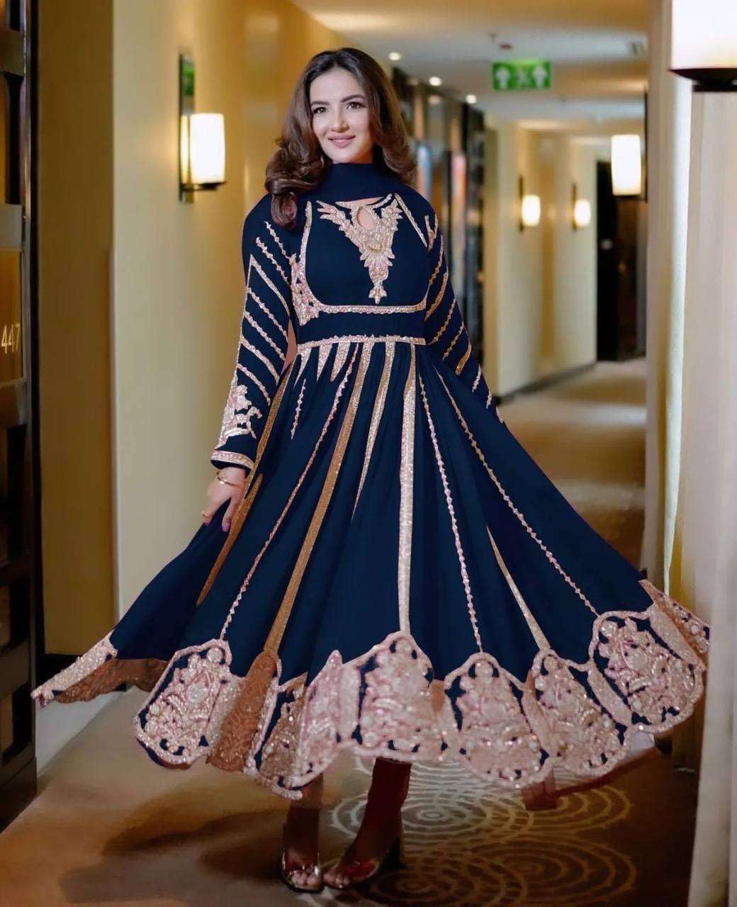 Women's Faux Georgette Embroidered Sequence Work Anarkali Kurti Gown with Net Dupatta (BLACKLUXE CRAFTS) - BLACKLUXECRAFTS