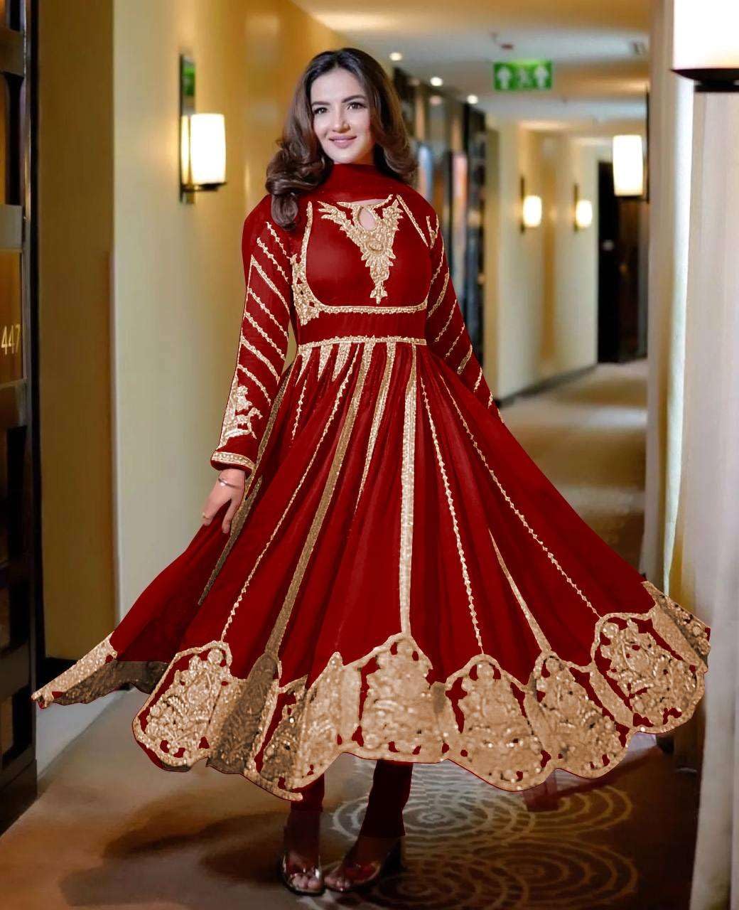 Women's Faux Georgette Embroidered Sequence Work Anarkali Kurti Gown with Net Dupatta (BLACKLUXE CRAFTS) - BLACKLUXECRAFTS