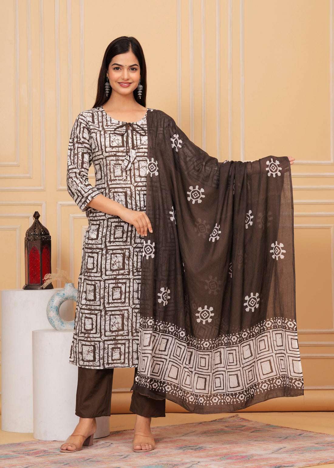 Brown & White Printed Kurta Set with Dupatta | Elegant Ethnic Suit for Women | Cotton Blend Casual & Festive Wear (BLACKLUXE CRAFTS) - BLACKLUXECRAFTS