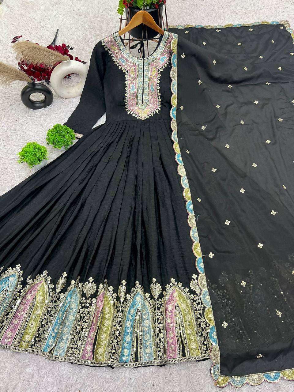 Anarkali Gown with Multicolor Embroidery | Designer Indian Party & Wedding Wear Dress (BLACKLUXE CRAFTS) - BLACKLUXECRAFTS