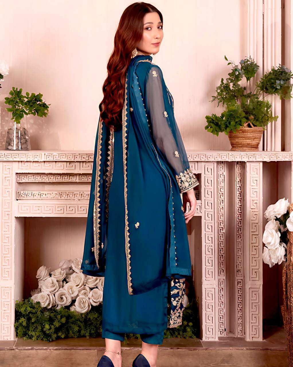 Teal Blue Straight Suit with Heavy Golden Embroidery & Dupatta | Designer Indian Pakistani Party Wear Dress for Women (BLACKLUXE CRAFTS) - BLACKLUXECRAFTS