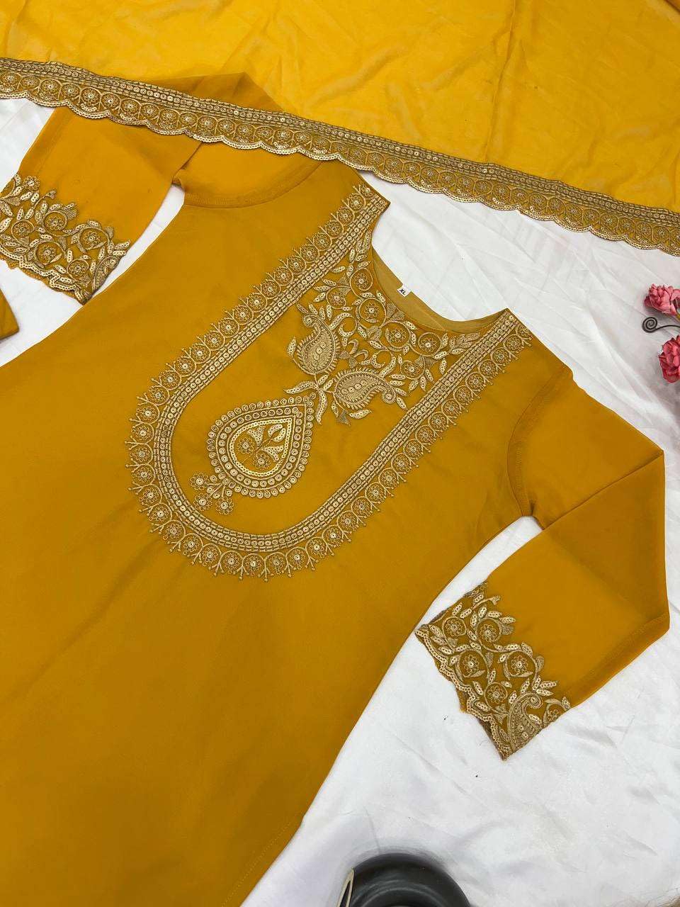 Women's Faux Georgette Ensemble with Embroidery & Sequence Work Kurti With Sharara and Dupatta Set (BLACKLUXE CRAFTS) - BLACKLUXECRAFTS