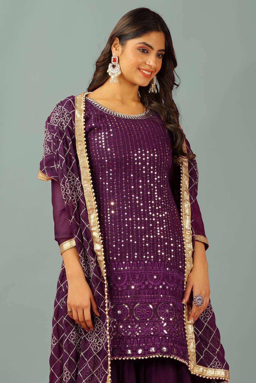 Georgette Sharara Suit with Mirror Work & Embroidered Dupatta | Party Wear Indian Ethnic Set (BLACKLUXE CRAFTS) - BLACKLUXECRAFTS