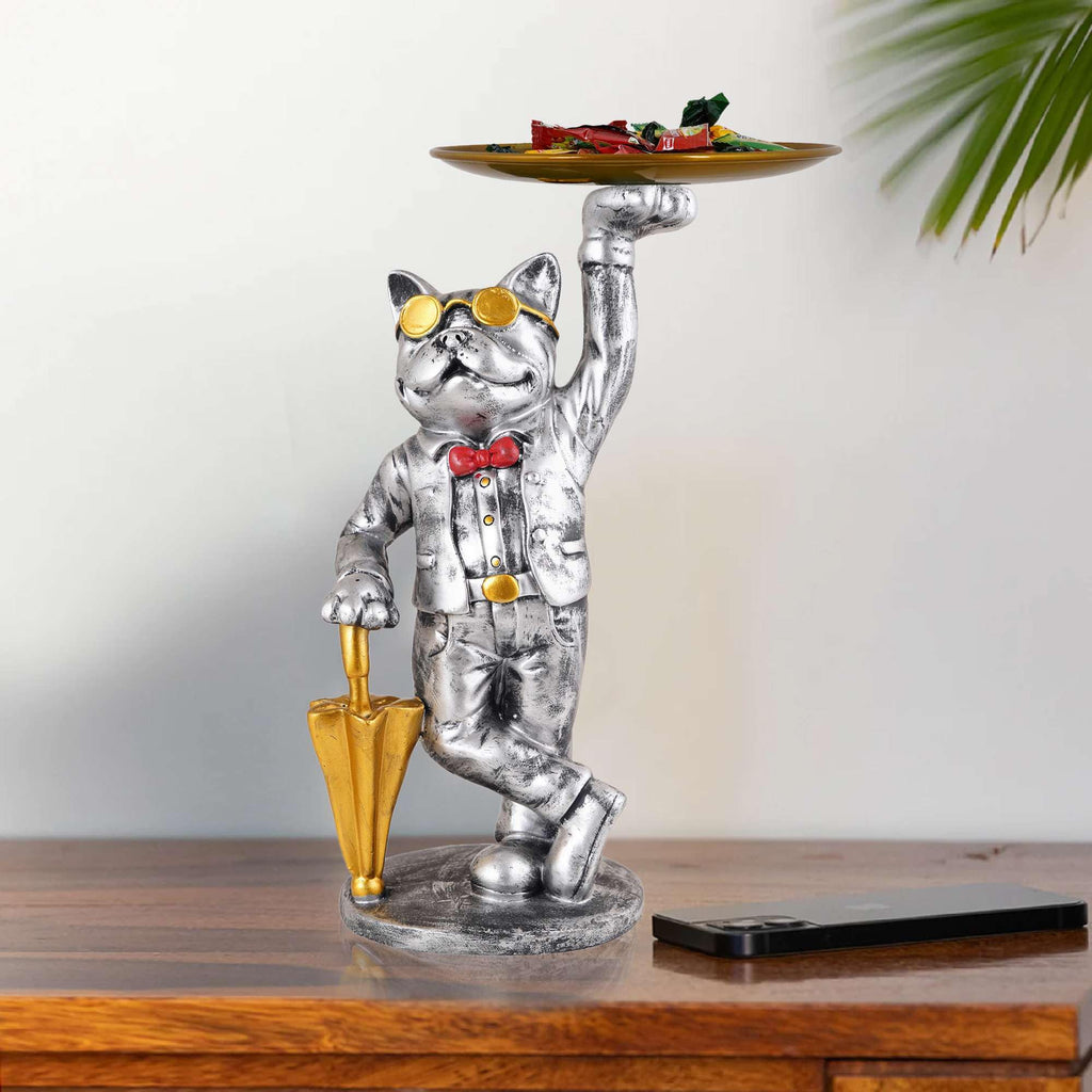 Silver Bulldog Butler Statue with Tray – Resin Dog Figurine Candy Dish & Decorative Organizer for Home Décor (BLACKLUXE CRAFTS) - BLACKLUXECRAFTS