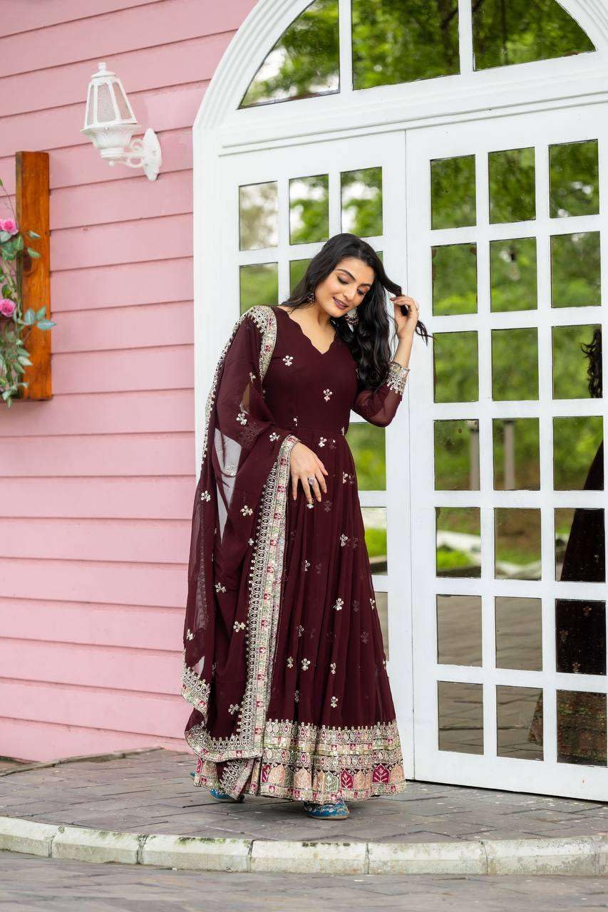 Maroon Anarkali Dress with Embroidered Dupatta | Indian Pakistani Party Wear Long Gown for Women (BLACKLUXE CRAFTS) - BLACKLUXECRAFTS