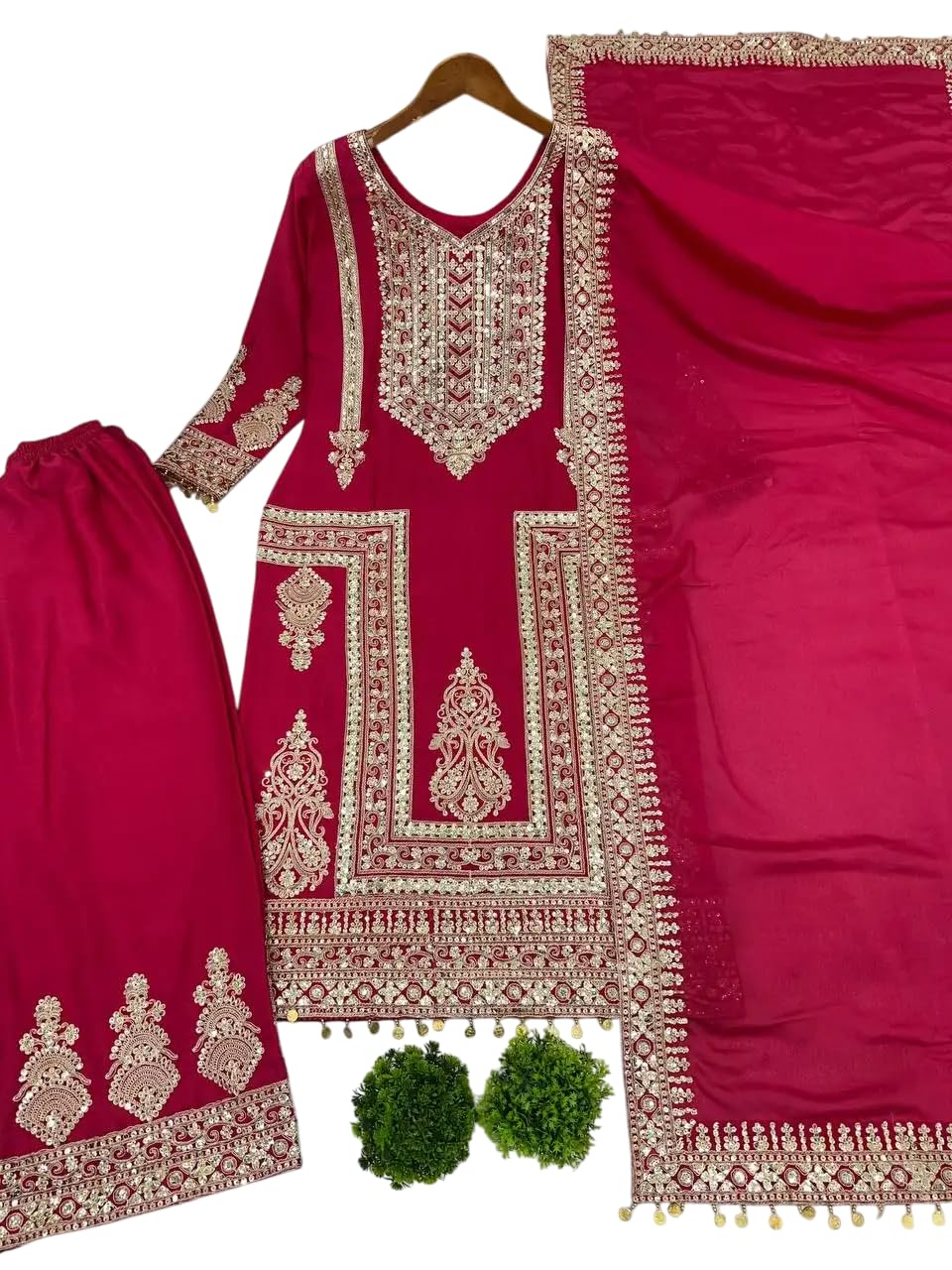 Women's Pure Chinnon Silk Embroidered Straight Kurti with Plazzo and Dupatta Set(BLACKLUXE CRAFTS) - BLACKLUXECRAFTS
