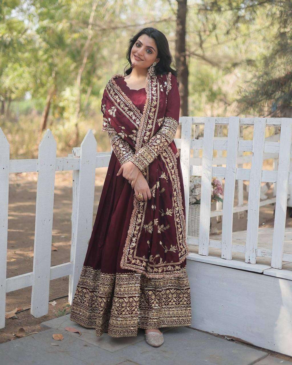 Maroon Anarkali Gown with Heavy Golden Embroidery & Dupatta | Designer Indian Pakistani Wedding Dress for Women (BLACKLUXE CRAFTS) - BLACKLUXECRAFTS