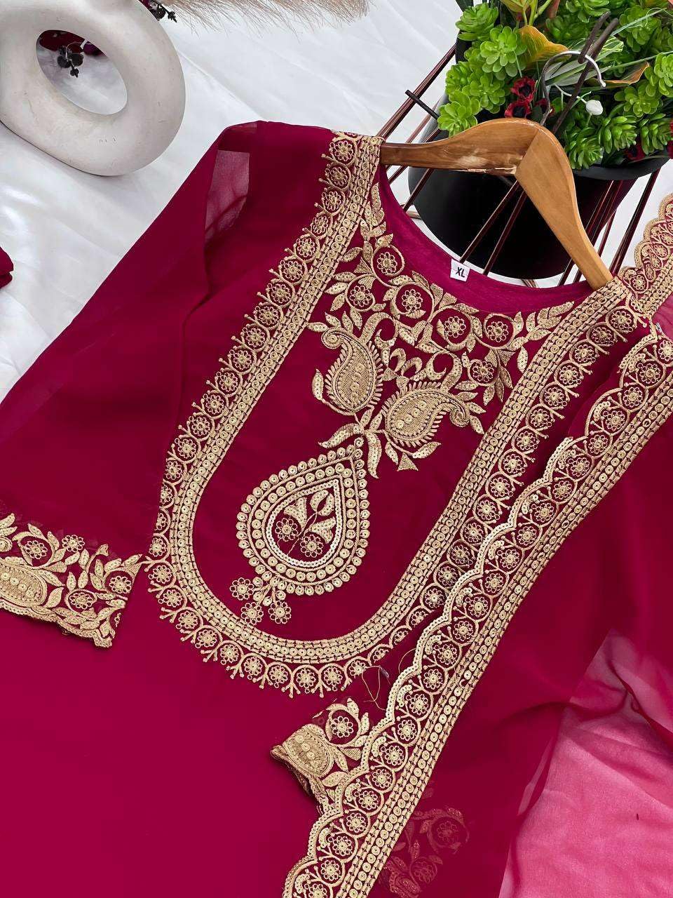 Women's Faux Georgette Ensemble with Embroidery & Sequence Work Kurti With Sharara and Dupatta Set (BLACKLUXE CRAFTS) - BLACKLUXECRAFTS