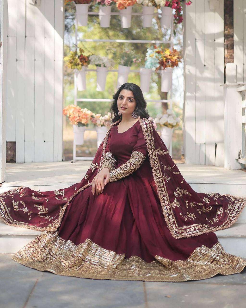 Maroon Anarkali Gown with Heavy Golden Embroidery & Dupatta | Designer Indian Pakistani Wedding Dress for Women (BLACKLUXE CRAFTS) - BLACKLUXECRAFTS