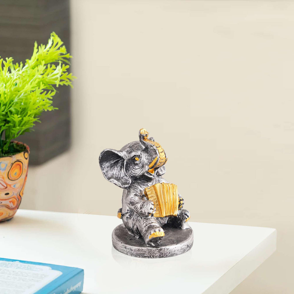 Silver Elephant Musician Figurine – Handcrafted Resin Elephant Statue with Accordion for Lucky Home Décor & Gifts (BLACKLUXE CRAFTS) - BLACKLUXECRAFTS