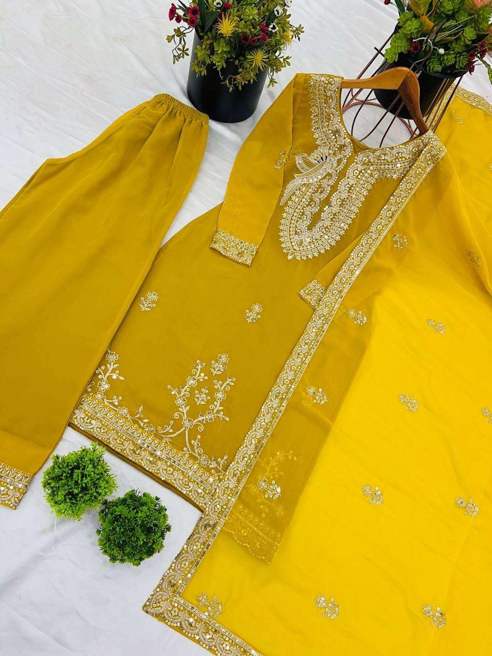 Women's Faux Georgette Embroidered Straight Kurti with Palazzo & Dupatta Set (BLACKLUXE CRAFTS) - BLACKLUXECRAFTS