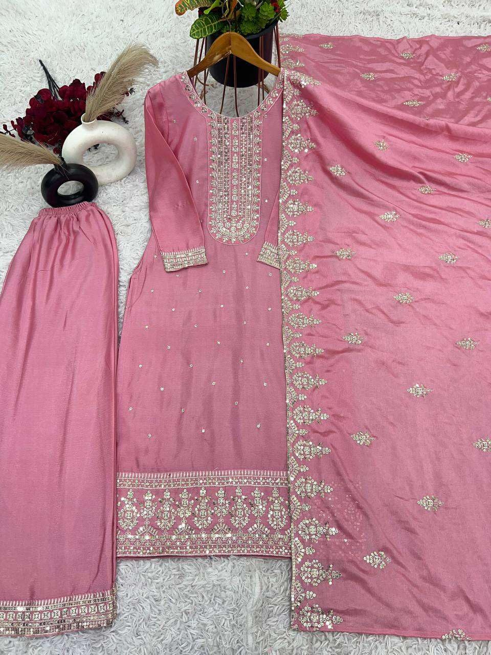 Women's Chinnon Silk Embroidery Sequence Work Straight Kurti With Pant & Dupatta Set (BLACKLUXE CRAFTS) - BLACKLUXECRAFTS