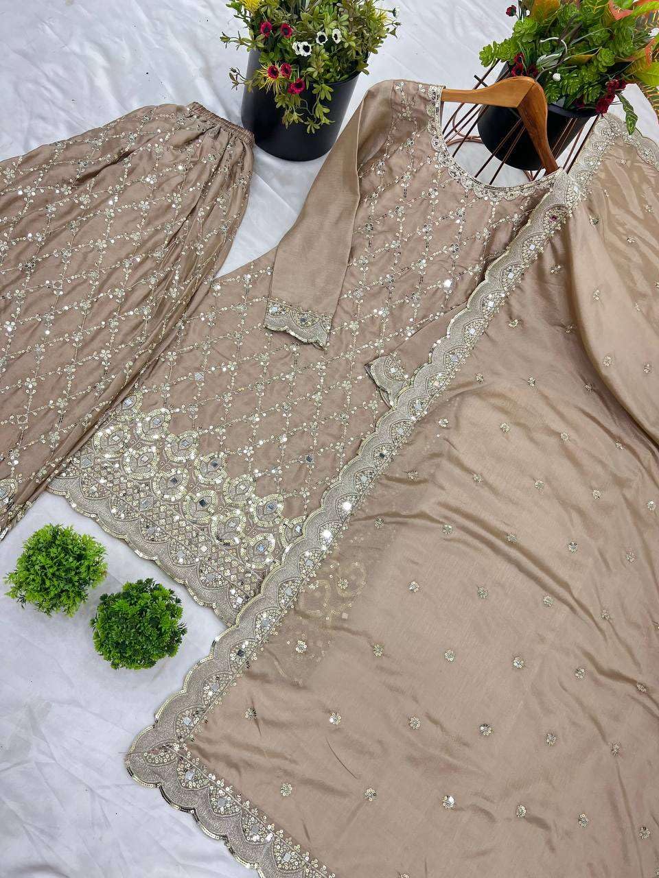 Women's Chinnon Silk Embroidery & Mirror Work Straight Kurti with Sharara & Dupatta Set (BLACKLUXE CRAFTS) - BLACKLUXECRAFTS