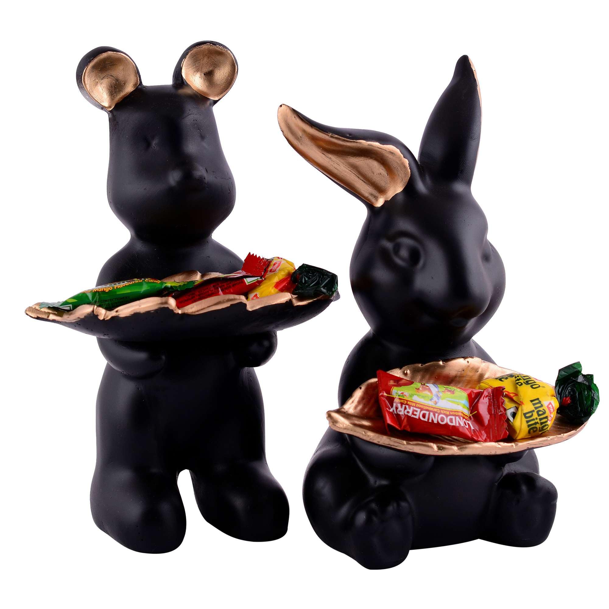 Handmade Resin Animal Candy Holder Set – Black Bunny & Bear Decorative Snack Tray | Modern Home Decor & Tabletop Gift from India (BLACKLUXE CRAFTS) - BLACKLUXECRAFTS