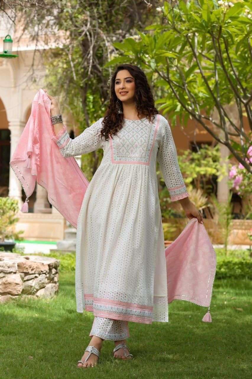Women's Cotton Embroidered Nayra Cut Kurti With Pant and Dupatta Set from (BLACKLUXE CRAFTS) - BLACKLUXECRAFTS