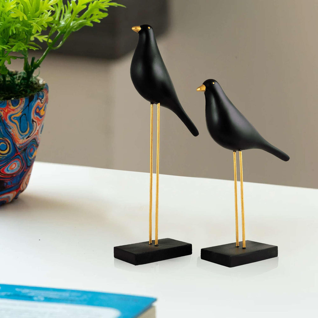 Elegant Black Bird Figurines on Golden Stand – Handmade Resin Decorative Sculpture Set for Modern Home & Office Decor (BLACKLUXE CRAFTS) - BLACKLUXECRAFTS