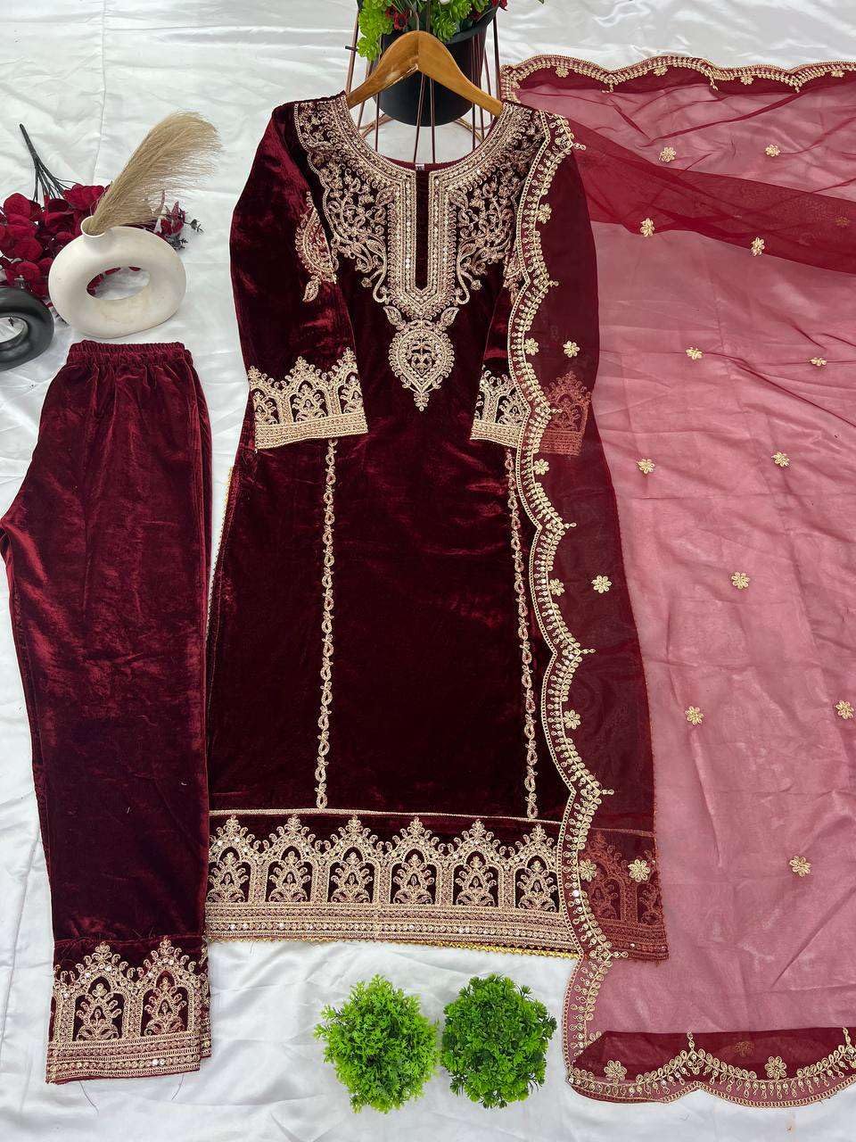 Maroon Velvet Straight Suit with Heavy Golden Embroidery & Net Dupatta | Party & Wedding Wear (BLACKLUXE CRAFTS) - BLACKLUXECRAFTS