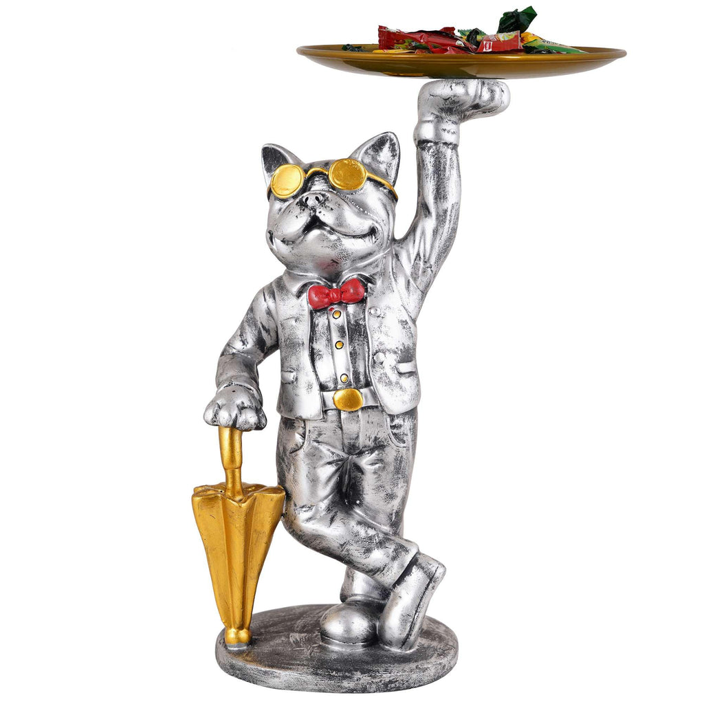Silver Bulldog Butler Statue with Tray – Resin Dog Figurine Candy Dish & Decorative Organizer for Home Décor (BLACKLUXE CRAFTS) - BLACKLUXECRAFTS