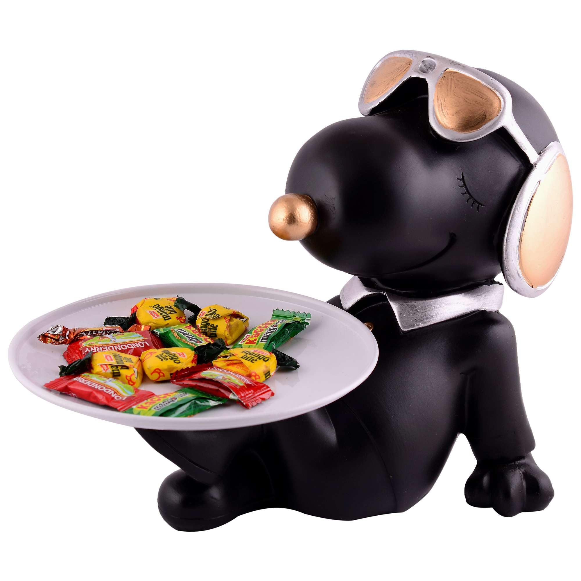 Black Dog Figurine with Tray – Handcrafted Resin Puppy Statue Candy & Snack Holder for Modern Home Décor (BLACKLUXE CRAFTS) - BLACKLUXECRAFTS
