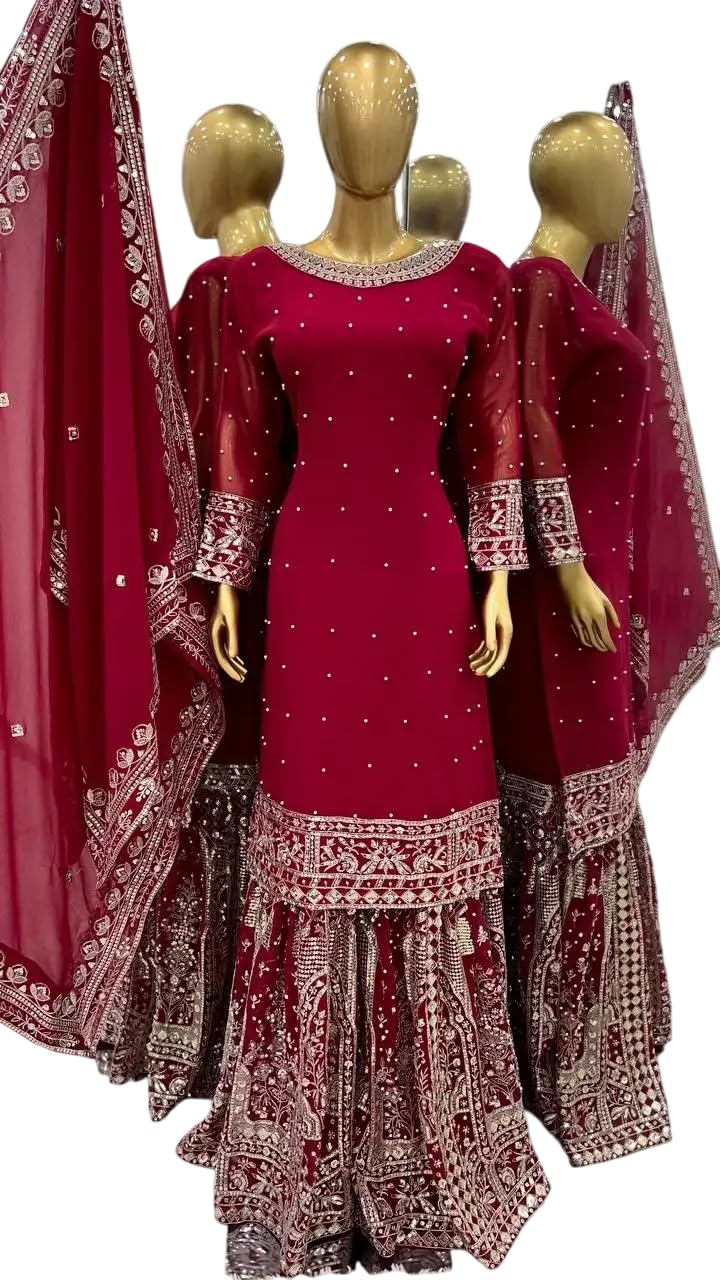Maroon Sharara Suit with Heavy Silver Embroidery & Dupatta | Bridal & Wedding Wear (BLACKLUXE CRAFTS) - BLACKLUXECRAFTS