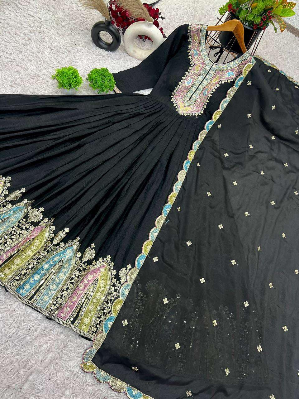 Anarkali Gown with Multicolor Embroidery | Designer Indian Party & Wedding Wear Dress (BLACKLUXE CRAFTS) - BLACKLUXECRAFTS