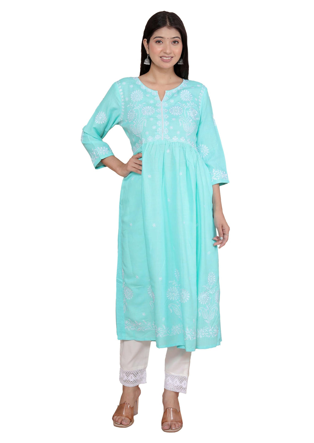 Women's Rayon Embroidered vcut Collar Anarkali Kurti with Pant (Sky Blue) (BLACKLUXE CRAFTS) - BLACKLUXECRAFTS