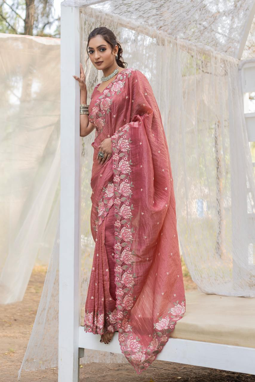 Handmade Pink Organza Saree with Intricate Floral Embroidery – Elegant Indian Designer Saree for Weddings & Parties (BLACKLUXE CRAFTS)