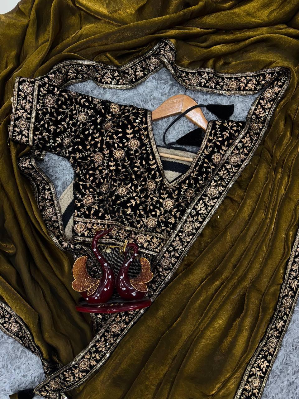 Women’s Luxe Olive-Gold Silk Saree with Heavily Embellished Blouse & Border – Ideal for Evening, Wedding & Reception Wear (BLACK LUXE CRAFTS) - BLACKLUXECRAFTS