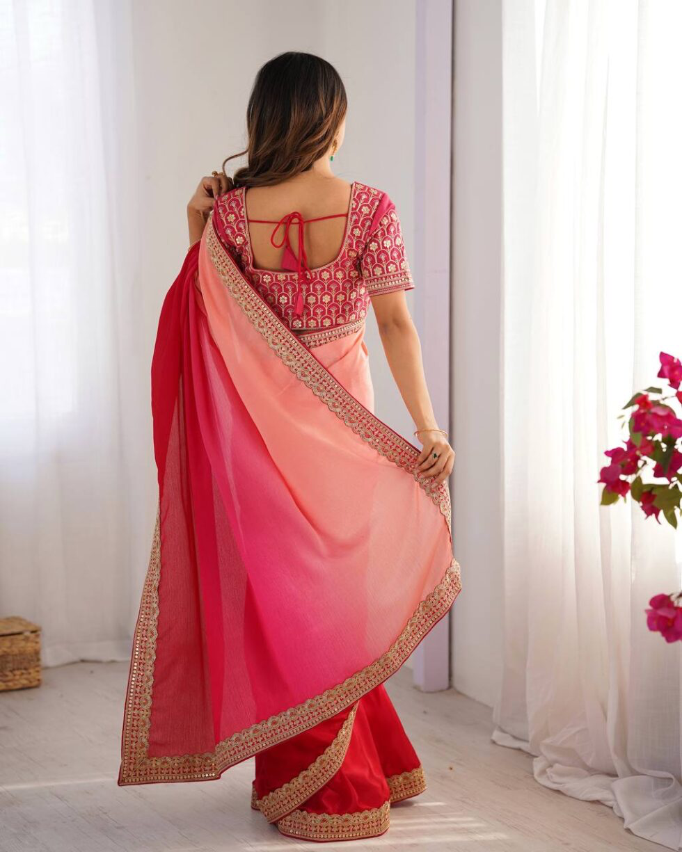 Handmade Pink Ombre Silk Saree with Golden Embroidered Border | Indian Ethnic Party Wear Sari for Women | Festival & Wedding Outfit (BLACKLUXE CRAFTS)