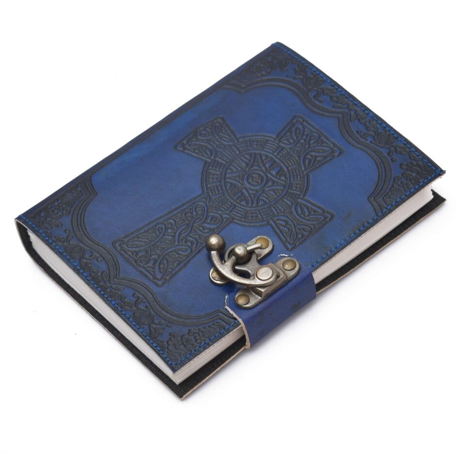 Handmade Blue Leather Journal with Celtic Cross Embossing – Vintage Lock Diary for Writing & Gifting (BLACKLUXE CRAFTS) - BLACKLUXECRAFTS