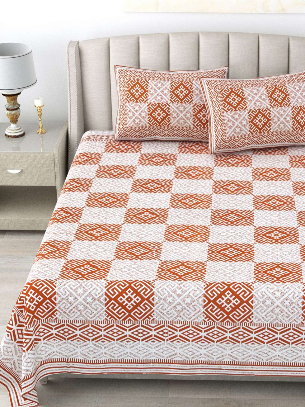 Handmade Cotton Block Print Bed Sheet with Pillow Covers – Rust & White Geometric Jaipuri King Size Bedsheet – Ethnic Indian Bedding Set (BLACKLUXE CRAFTS) - BLACKLUXECRAFTS