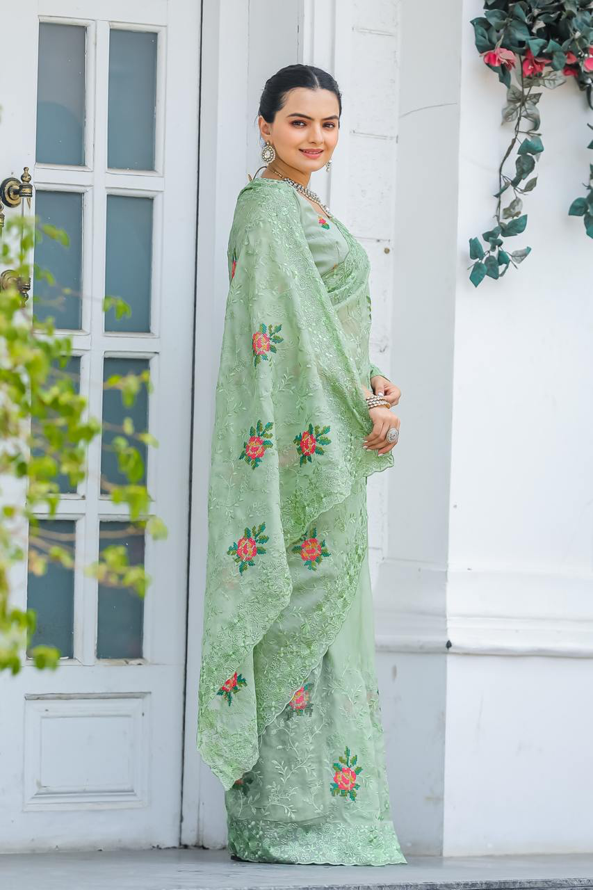 Handmade Pastel Green Floral Embroidered Saree – Pure Georgette Indian Ethnic Wear for Women | Elegant Wedding & Party Outfit from India (BLACKLUXE CRAFTS)