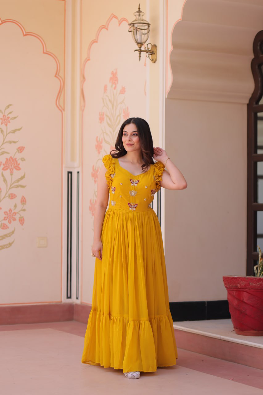 Handmade Mustard Yellow Maxi Dress – Ethnic Indian Embroidered Butterfly Gown | Boho Party Wear Long Dress for Women (BLACKLUXE CRAFTS) - BLACKLUXECRAFTS