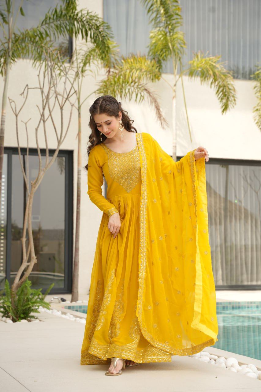 Handmade Yellow Anarkali Suit with Dupatta – Indian Ethnic Party Wear Dress for Women | Traditional Embroidered Long Gown Kurti from India (BLACKLUXE CRAFTS)