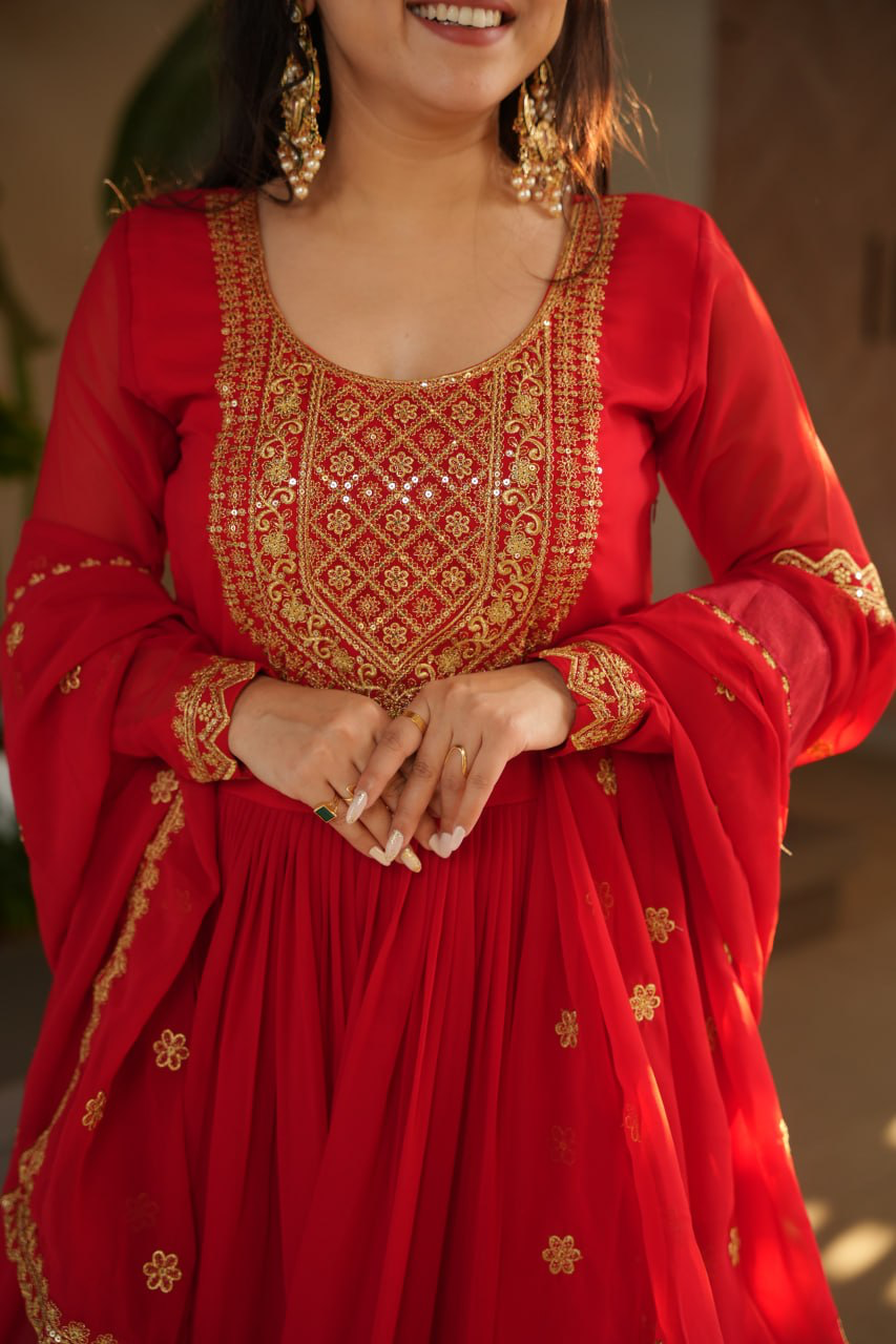 Handmade Red Embroidered Anarkali Gown with Dupatta – Indian Ethnic Party & Wedding Wear Dress for Women (BLACKLUXE CRAFTS)
