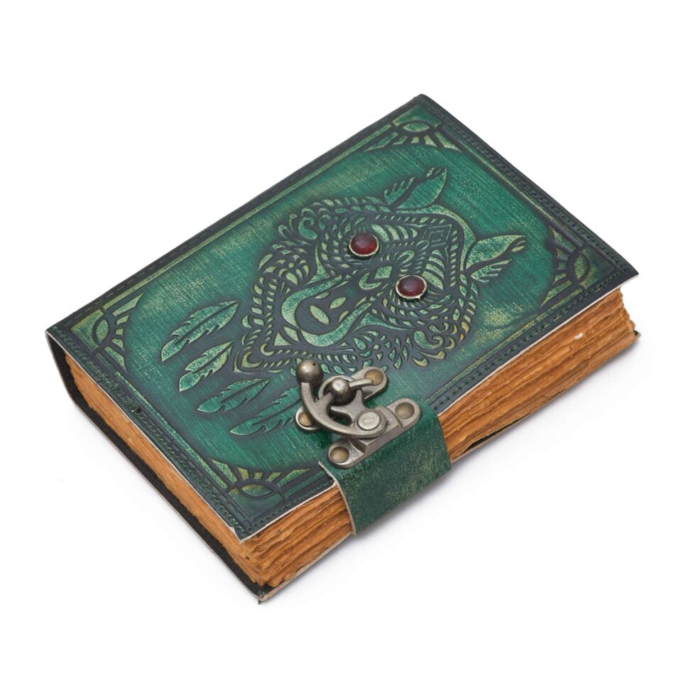 Wolf Spirit Leather Journal – Handmade Tribal Notebook with Lock & Gemstone Eyes | Vintage Boho Diary, Wiccan Grimoire, Pagan Gift (BLACKLUXE CRAFTS) - BLACKLUXECRAFTS